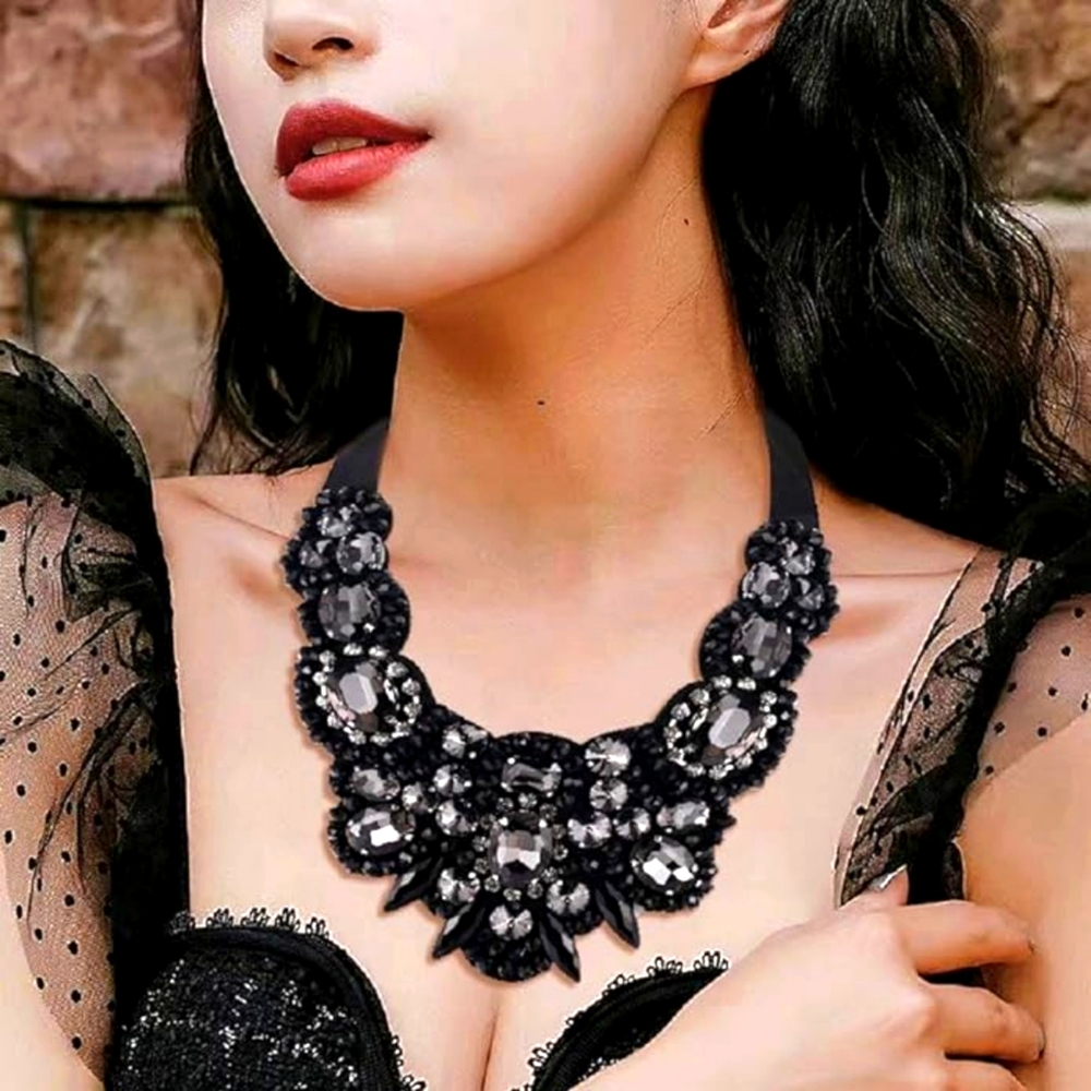 Beautiful Black Gothic Romance Bejeweled Collar Necklace